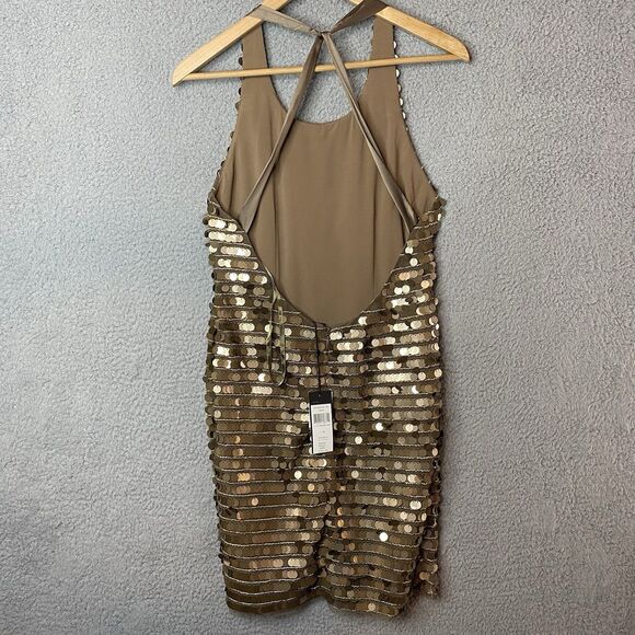 New BCBG Sequin Gold NYE Bronze Iman Mini Dress Small Coin Criss Cross Back NWT - Picture 9 of 14